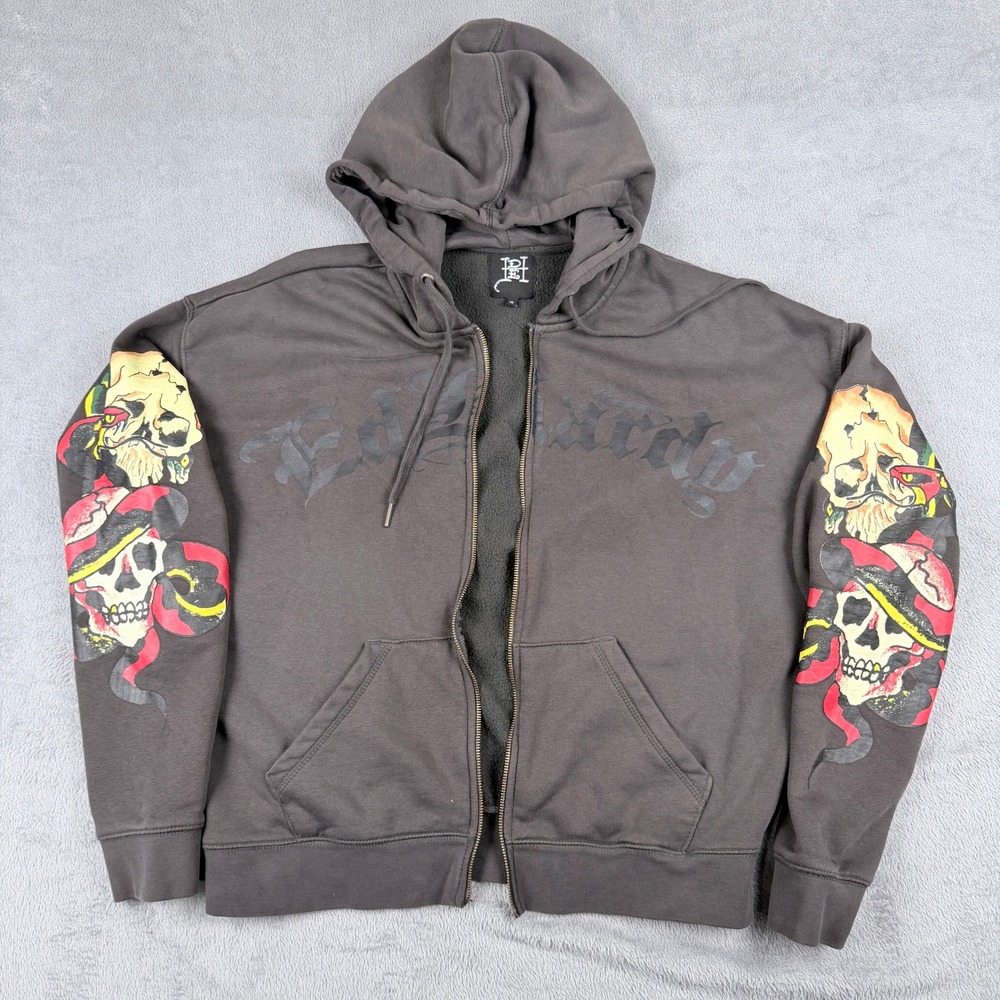 Ed Hardy Mens Skull Snake Graphic Zip Up Hoodie Charcoal Gray Size M